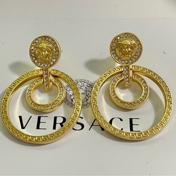 VERSACE Italy Door Knocker Hoop Earrings Medusa Greek Key Signed - Picture 1 of 10